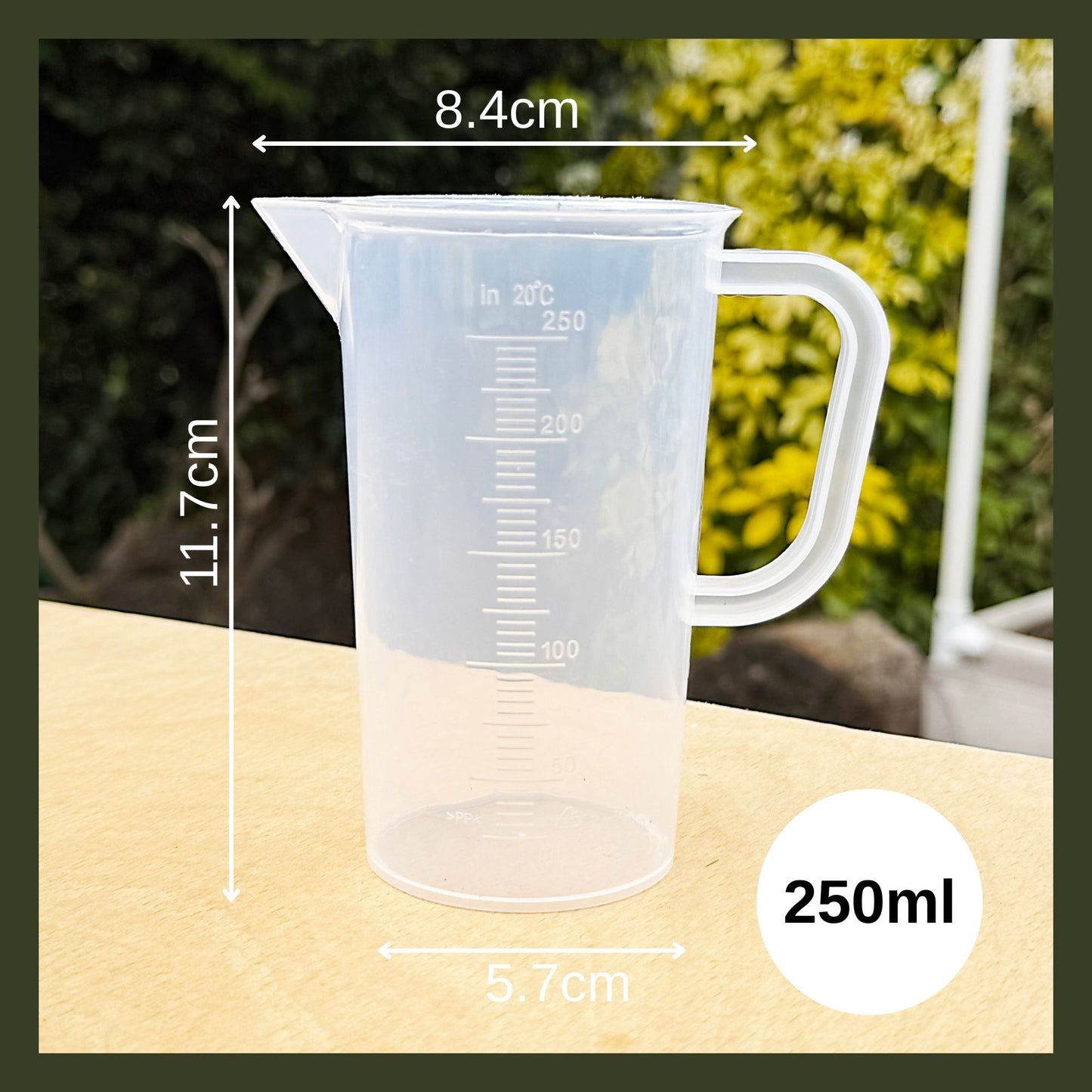 Crystal-clear 250 mL plastic measuring jug featuring ergonomic grip, scratch-resistant finish, and precise etched markings