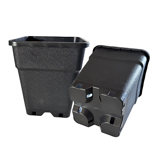 Heavy-duty black square plastic plant pots – stackable design with reinforced drainage bases, ideal for indoor or outdoor growing