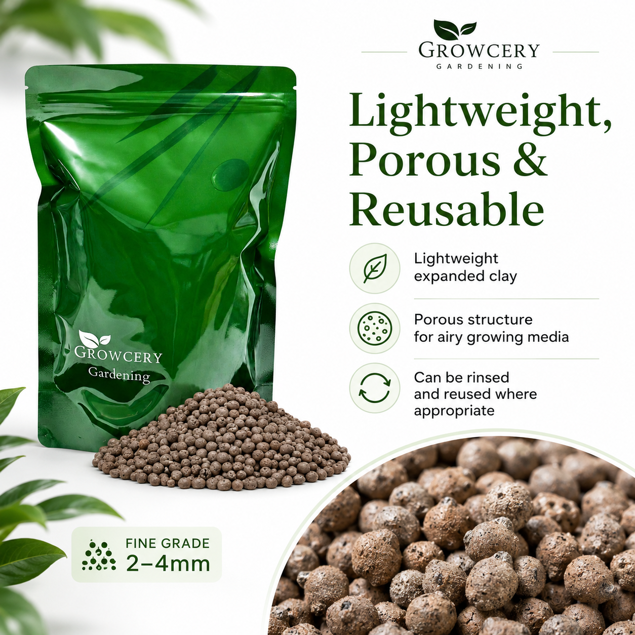 Growcery Rounded Fine Grade LECA Clay Pebbles 2–4mm