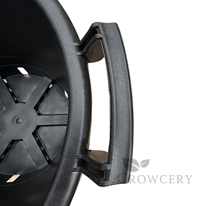 Close-up of reinforced plastic handle on 30L round garden pot – designed for easy lifting and transport.