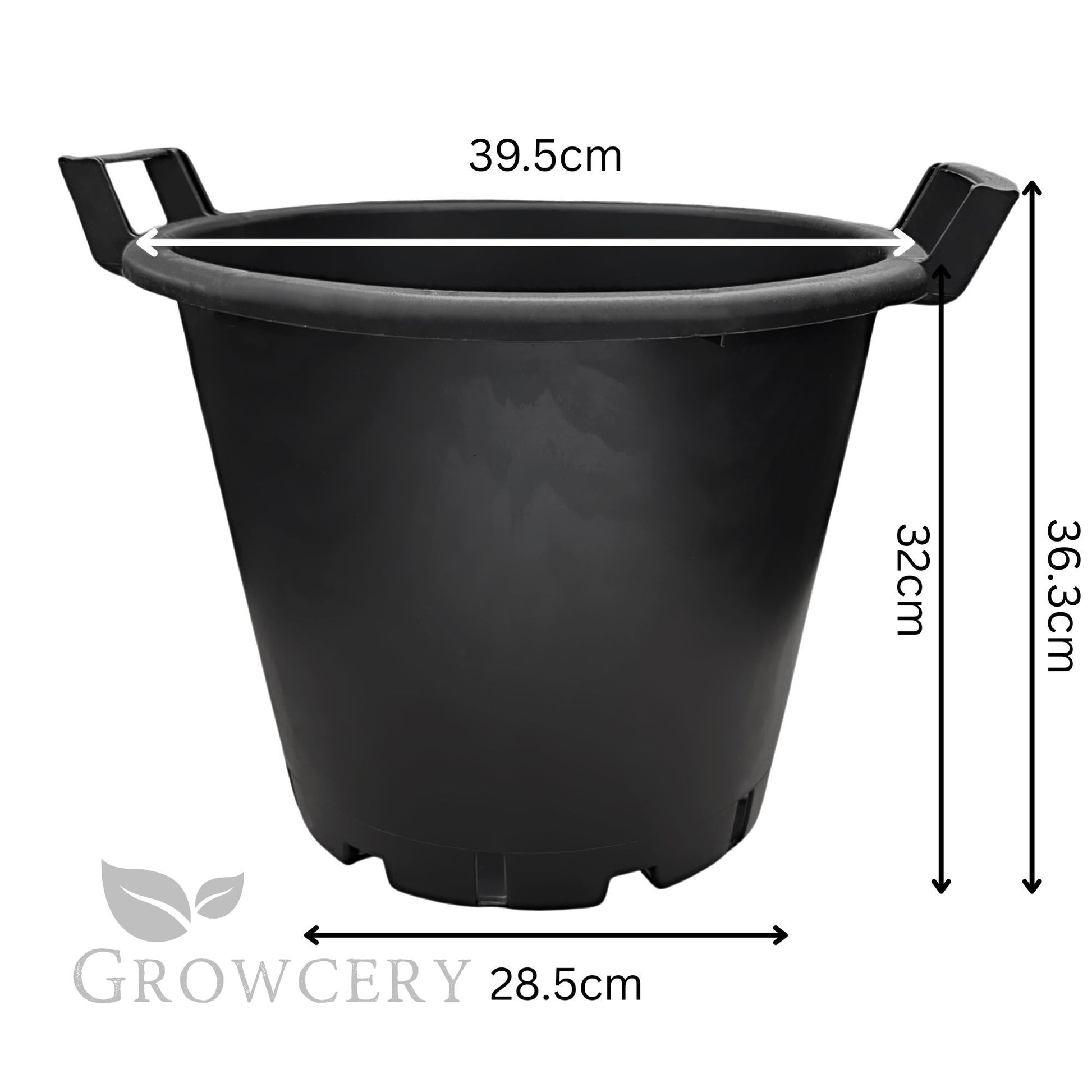 30L plastic garden pot with measurements – 39.5cm top diameter, 28.5cm base, and 36.3cm tall with ergonomic handles