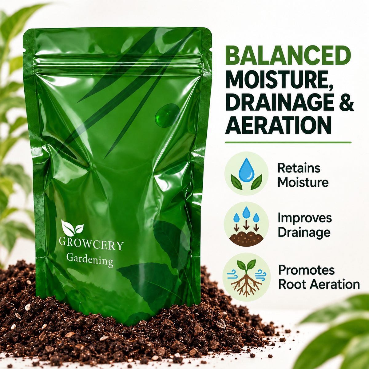 Premium Multipurpose Compost in a green bag highlighting moisture retention, drainage, and root aeration benefits.