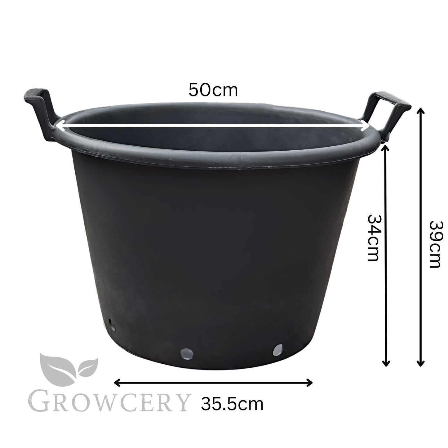 43L heavy-duty round plastic plant pot with side handles – 50cm wide and 39cm tall, featuring base drainage holes for improved water flow and ventilation