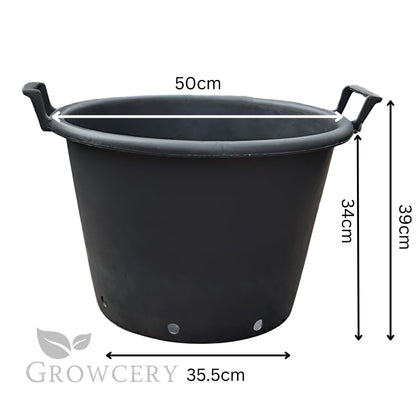 43L heavy-duty round plastic plant pot with side handles – 50cm wide and 39cm tall, featuring base drainage holes for improved water flow and ventilation