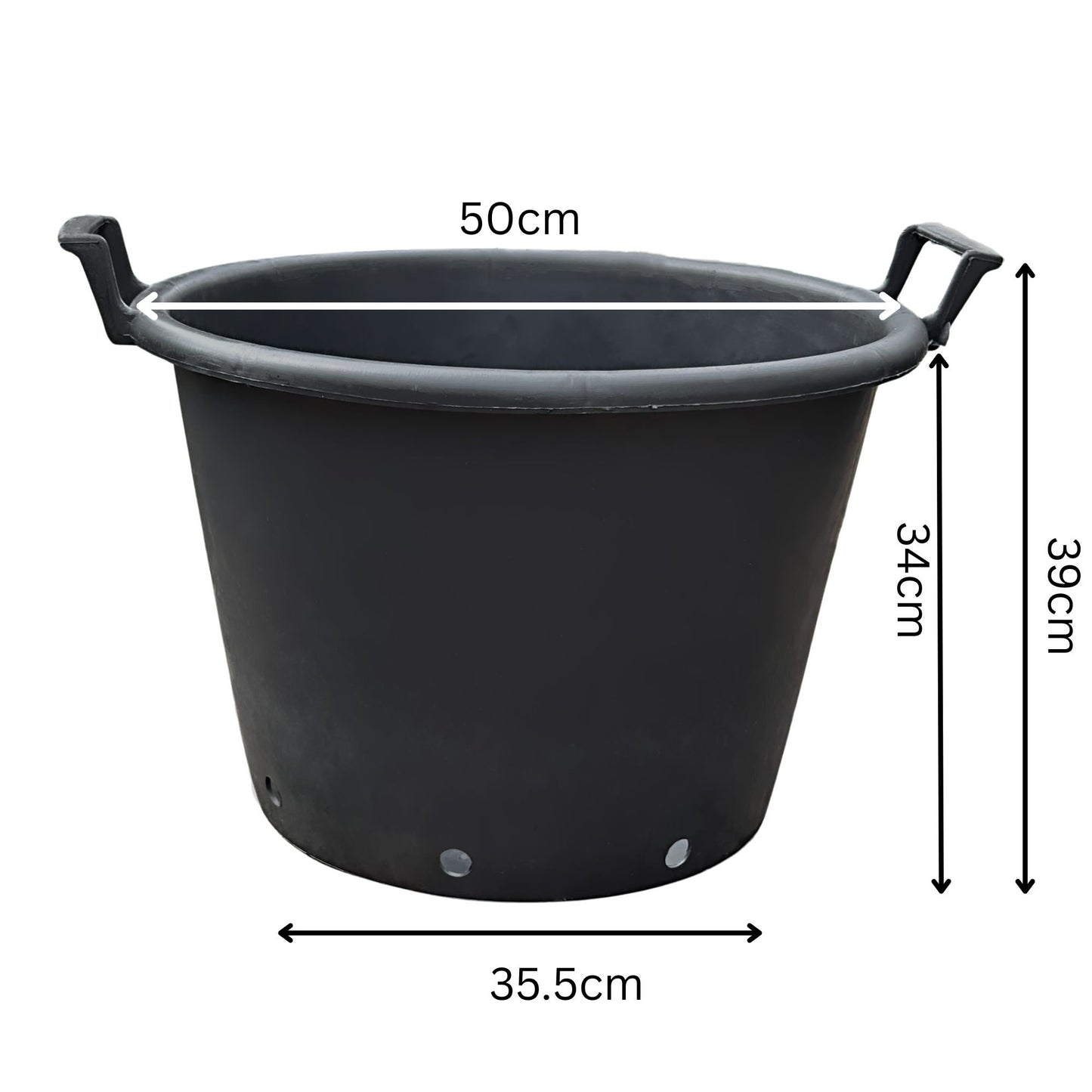 43L heavy-duty round plastic plant pot with side handles – 50cm wide and 39cm tall, featuring base drainage holes for improved water flow and ventilation