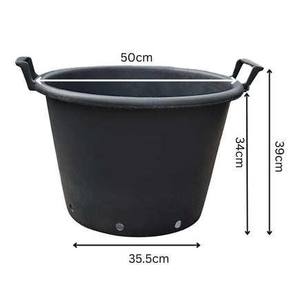 43L heavy-duty round plastic plant pot with side handles – 50cm wide and 39cm tall, featuring base drainage holes for improved water flow and ventilation