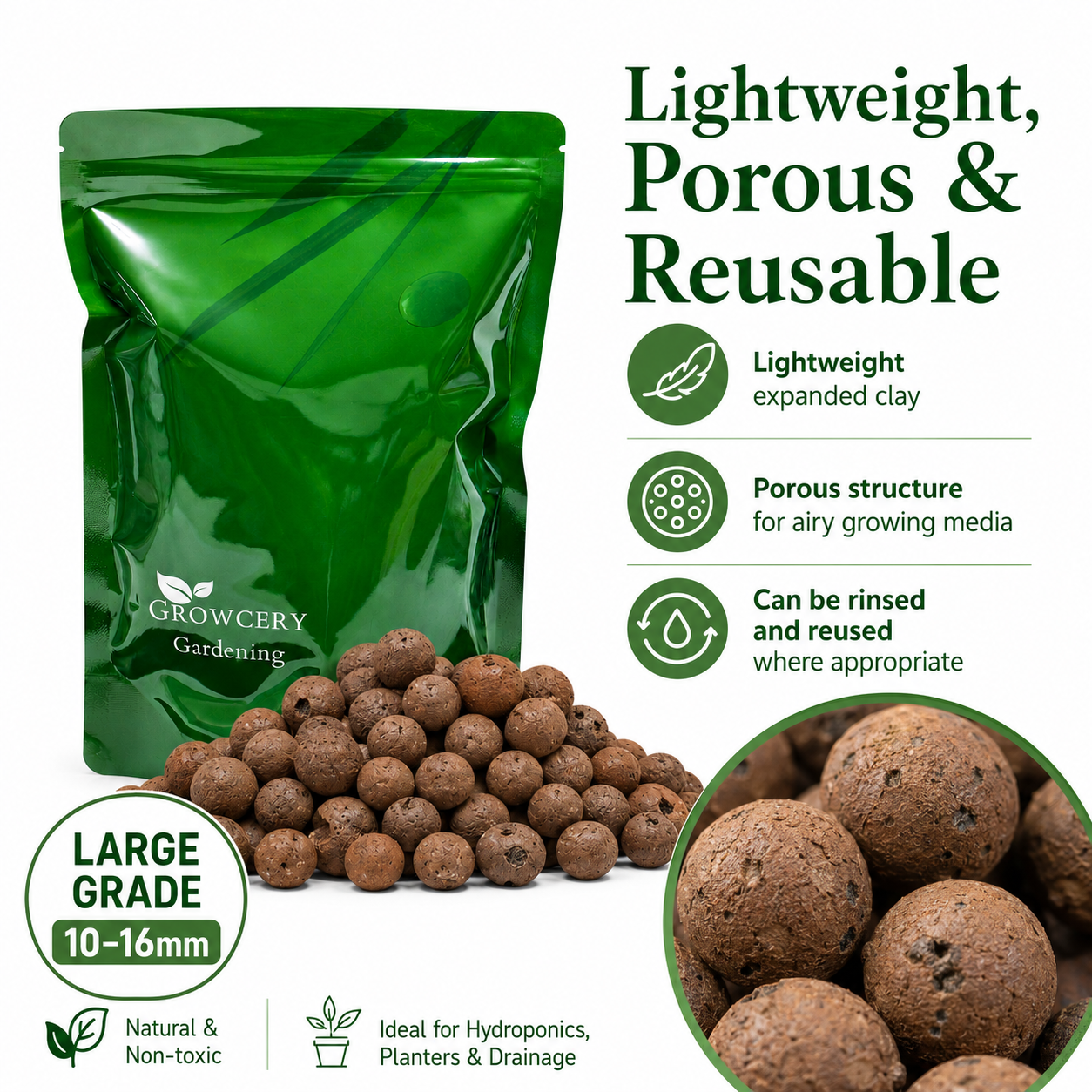 Growcery Lightweight LECA Clay Pebbles 10–16mm