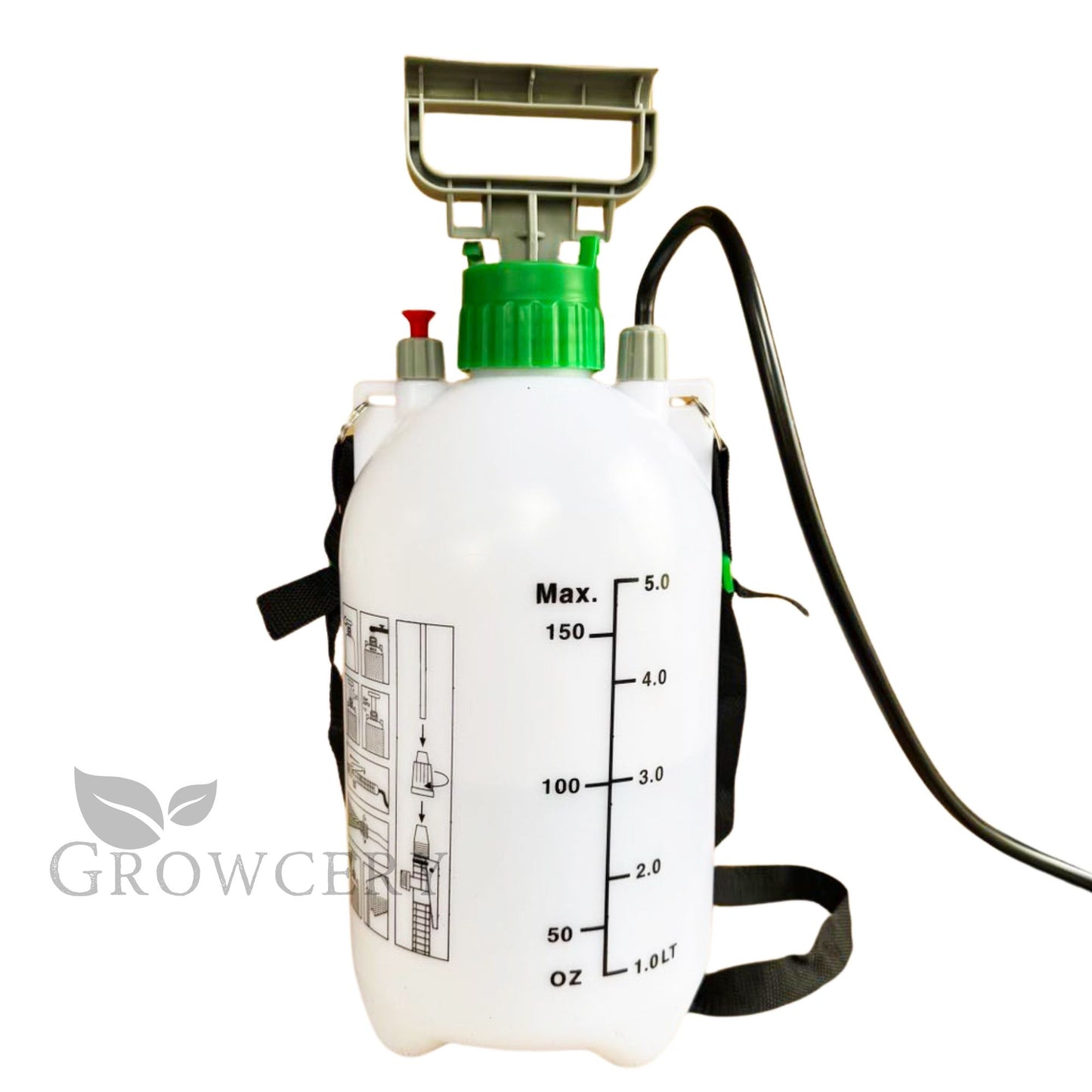 Close-up of 5 L pressure sprayer showing capacity scale in litres and ounces with hose attached