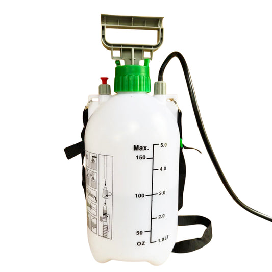 Close-up of 5 L pressure sprayer showing capacity scale in liters and ounces with hose attached