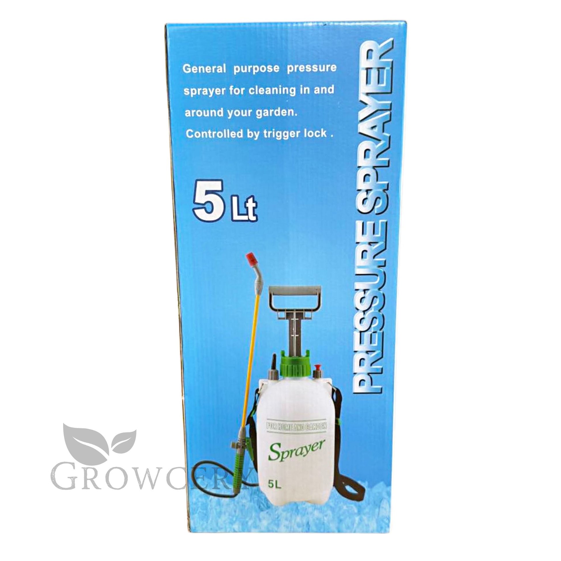 Blue retail box packaging for 5 L pressure sprayer showing product image and “PRESSURE SPRAYER” branding