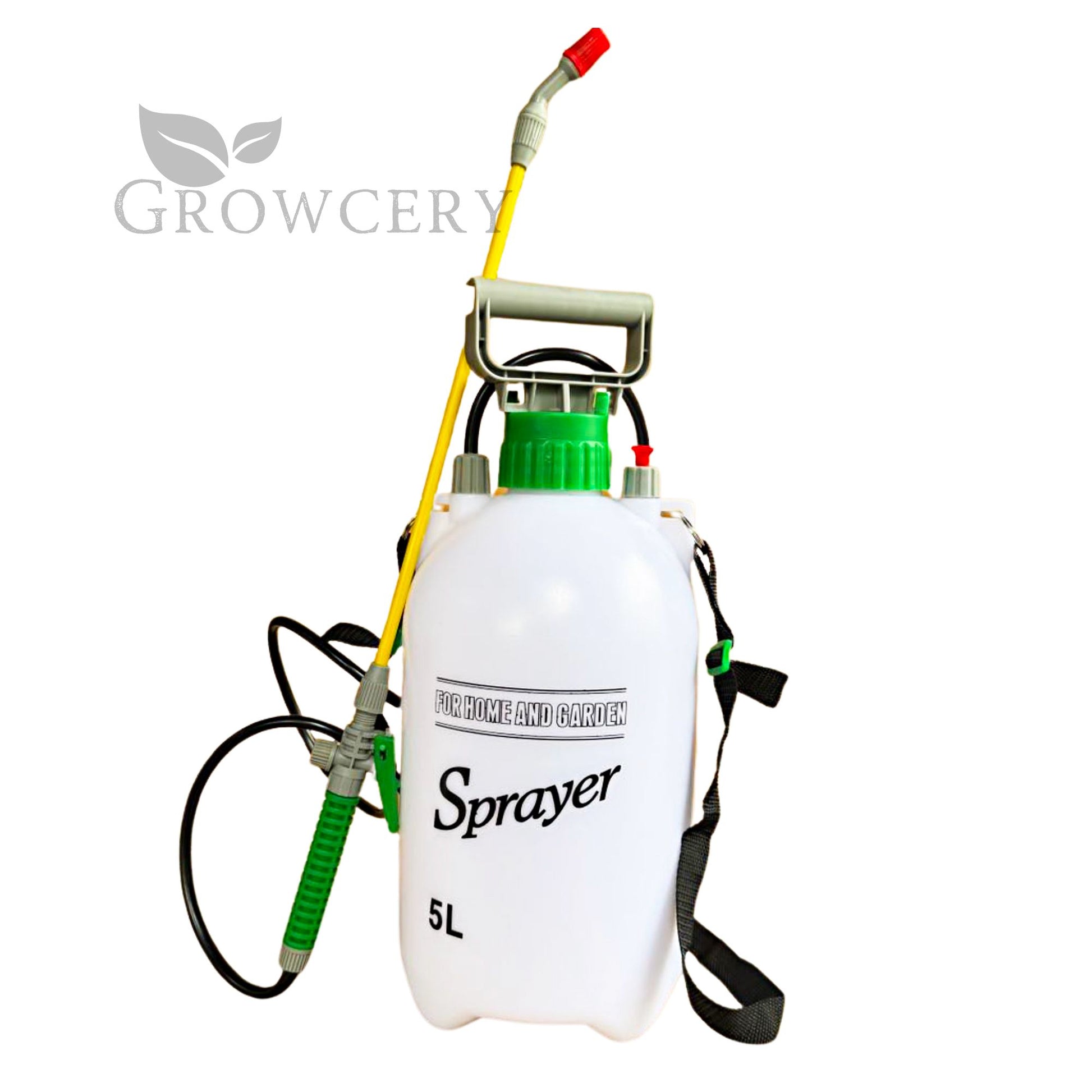 White 5 L pump-up compression sprayer with green cap, grey handle and black shoulder strap on white background