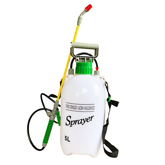 White 5 L pump-up compression sprayer with green cap, grey handle and black shoulder strap on white background
