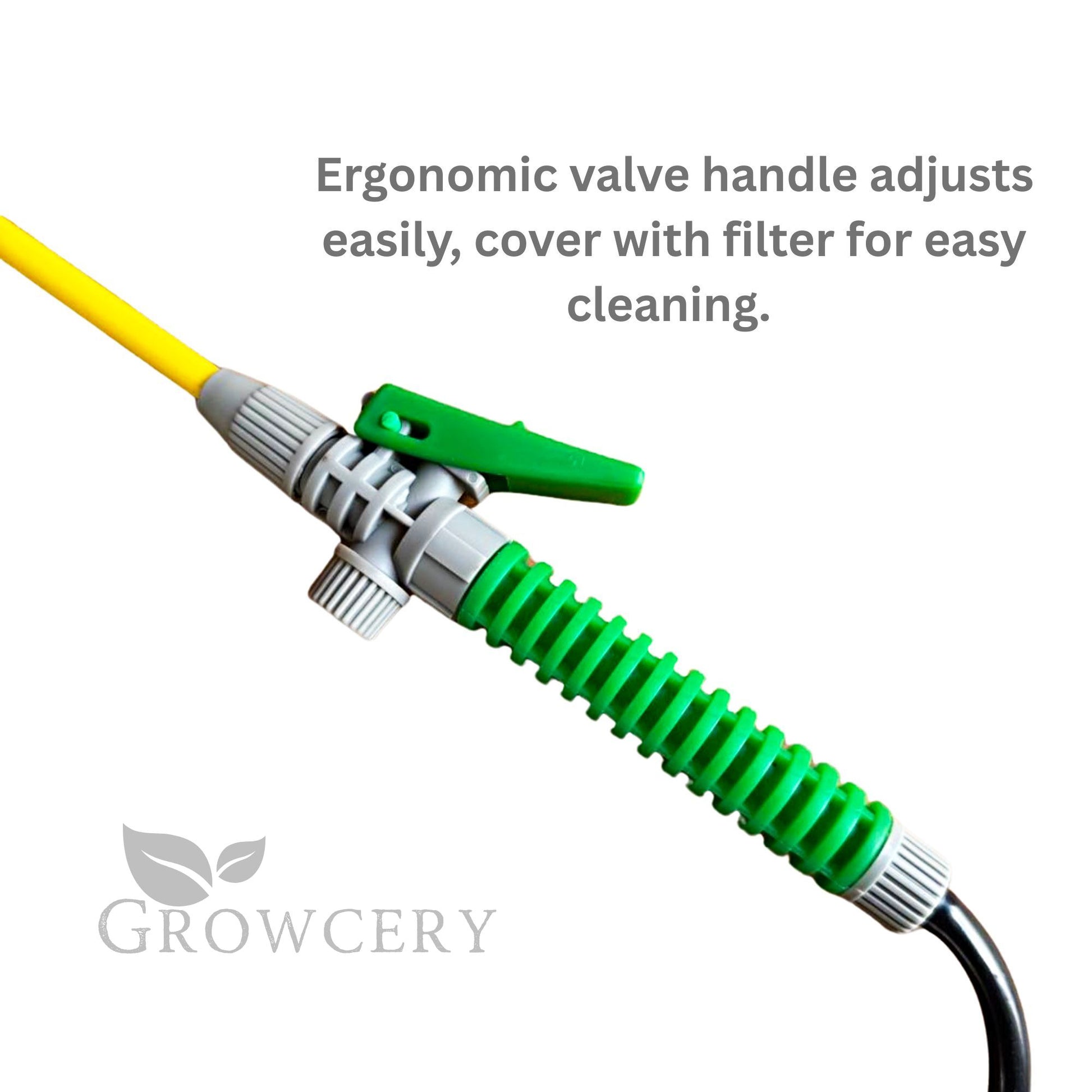 Ergonomic green valve handle and filter cover on sprayer wand for easy adjustment and cleaning
