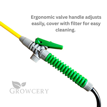 Ergonomic green valve handle and filter cover on sprayer wand for easy adjustment and cleaning