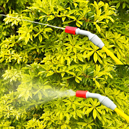 Yellow spray lance with adjustable red-tipped nozzle delivering targeted jet spray on green foliage