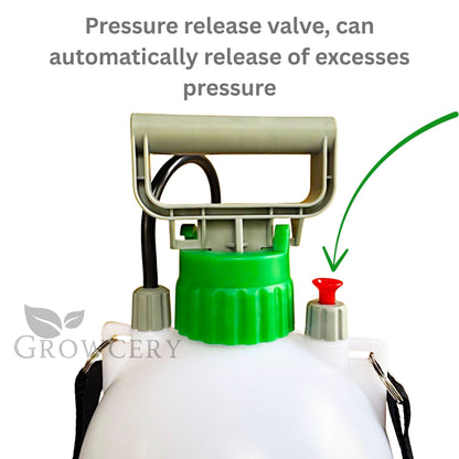 Pressure relief valve on 5 L compression sprayer with red button and grey handle