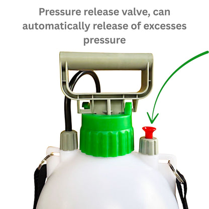 Pressure relief valve on 5 L compression sprayer with red button and grey handle