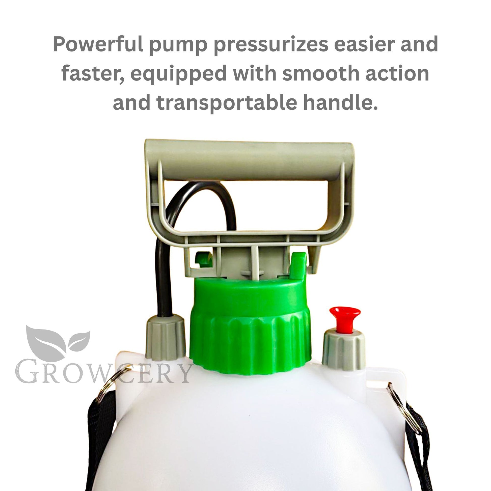 Smooth-action grey pump handle and green twist-lock cap on 5 L compression sprayer