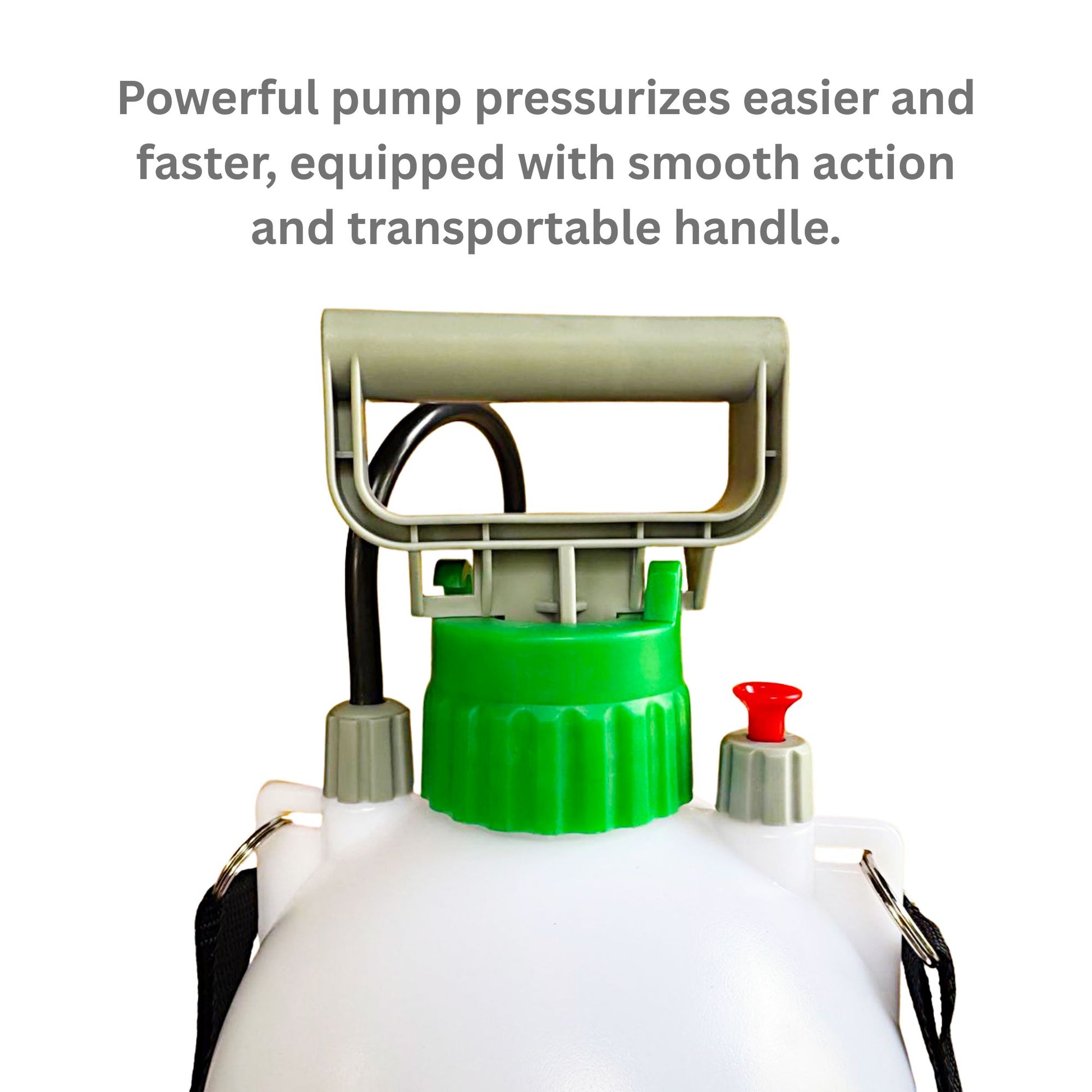 Smooth-action grey pump handle and green twist-lock cap on 5 L compression sprayer