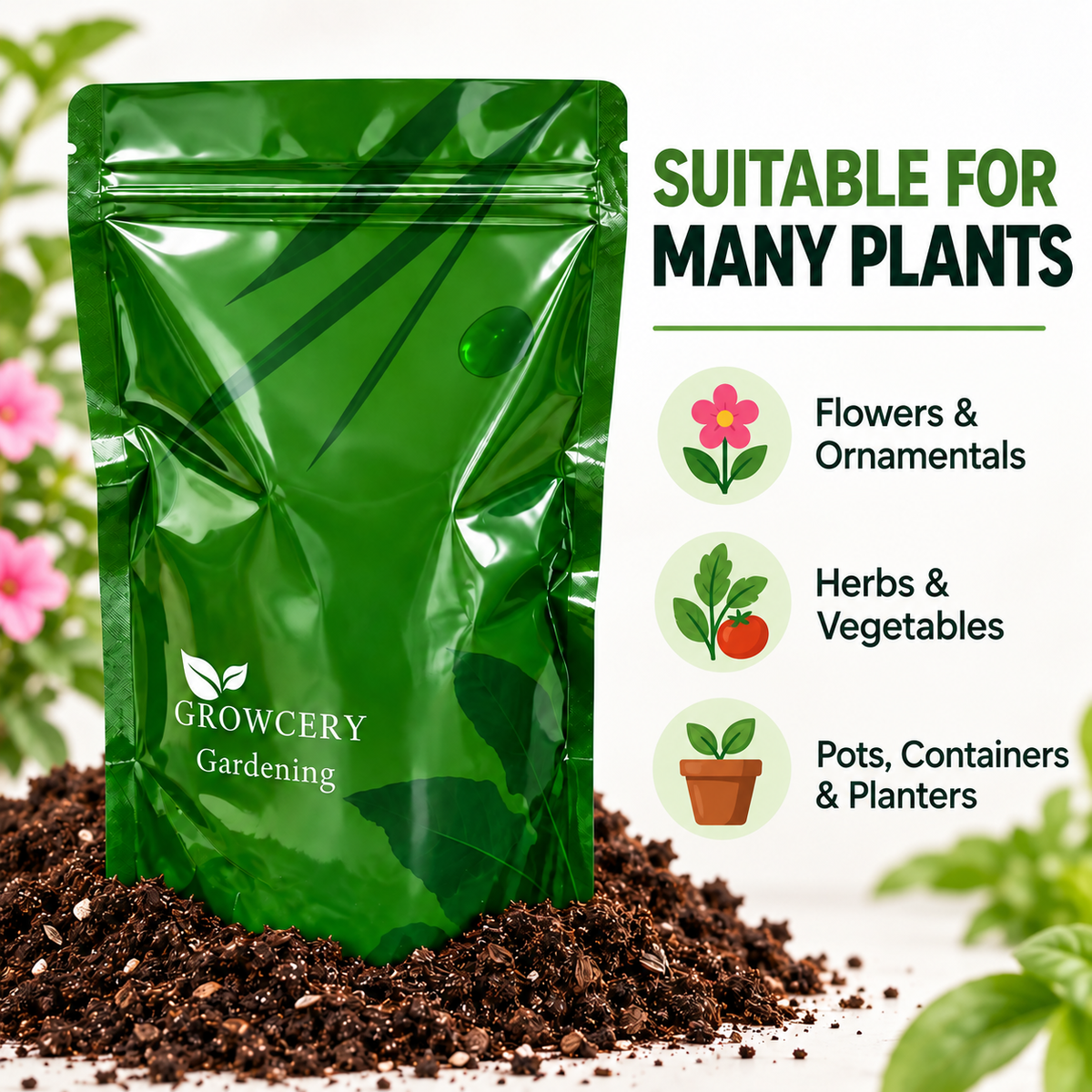 Premium Multipurpose Compost package design highlighting suitability for many plants including flowers, herbs, and vegetables.