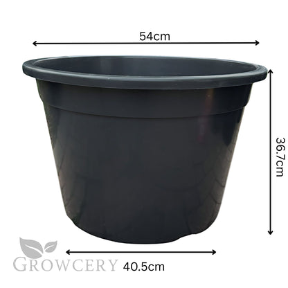 60L heavy-duty round plastic plant pot – large black container with 54cm top diameter and 36.7cm height, perfect for trees, vegetables, and large root systems