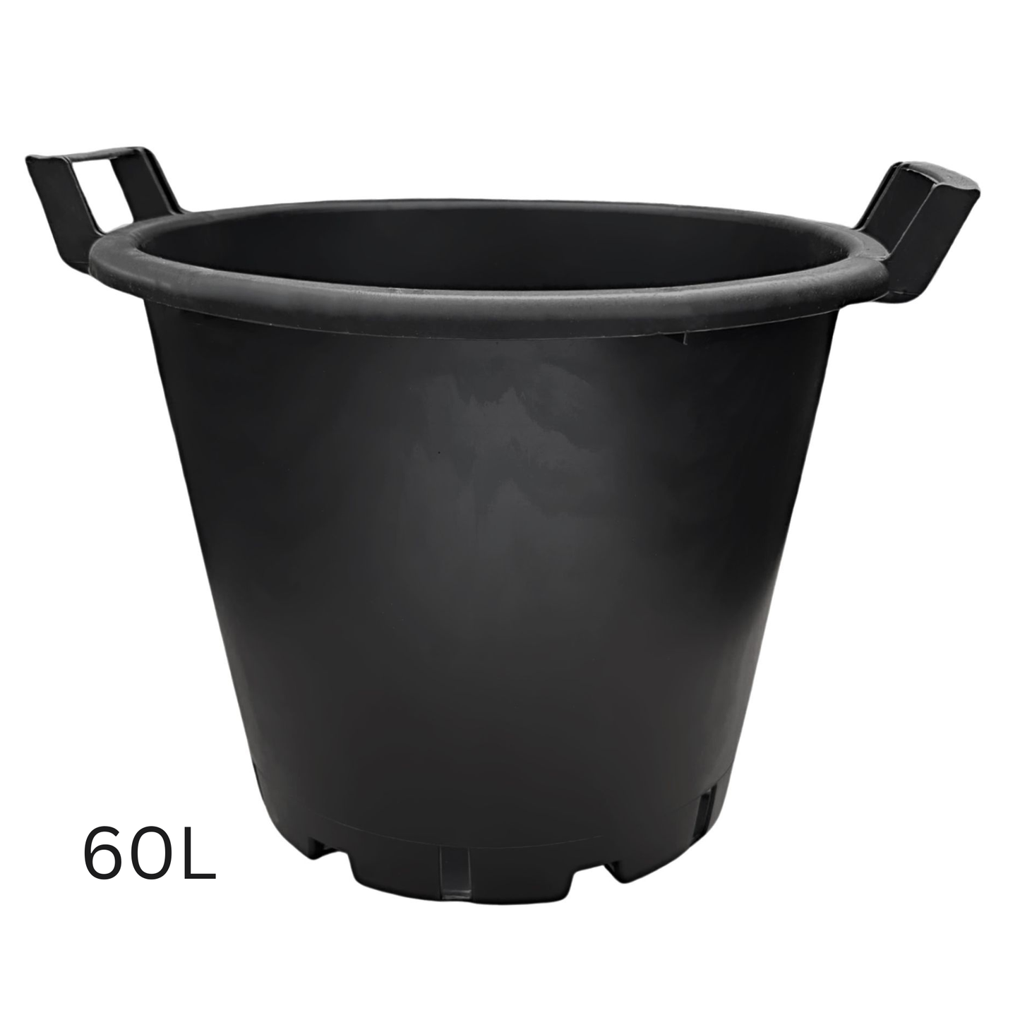 60 litre heavy duty black plastic plant pot with integrated carry handles, suitable for large plants, shrubs, trees and container gardening.