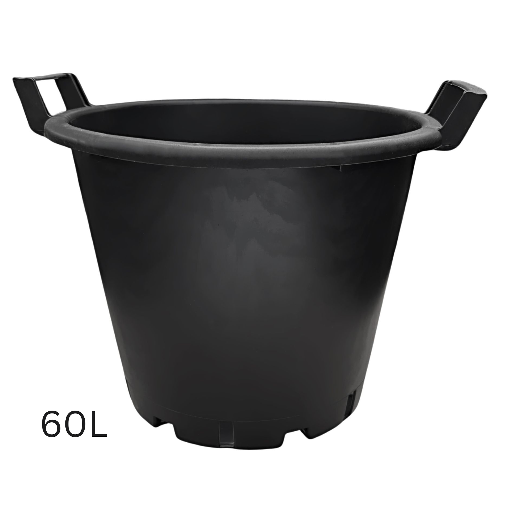 60 litre heavy duty black plastic plant pot with integrated carry handles, suitable for large plants, shrubs, trees and container gardening.