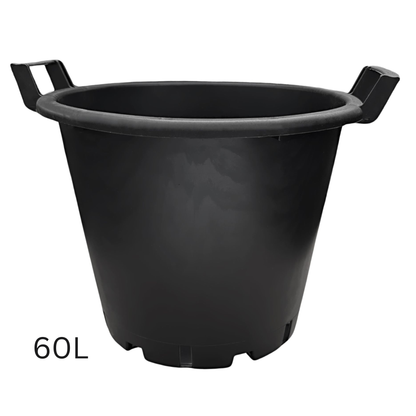 60 litre heavy duty black plastic plant pot with integrated carry handles, suitable for large plants, shrubs, trees and container gardening.