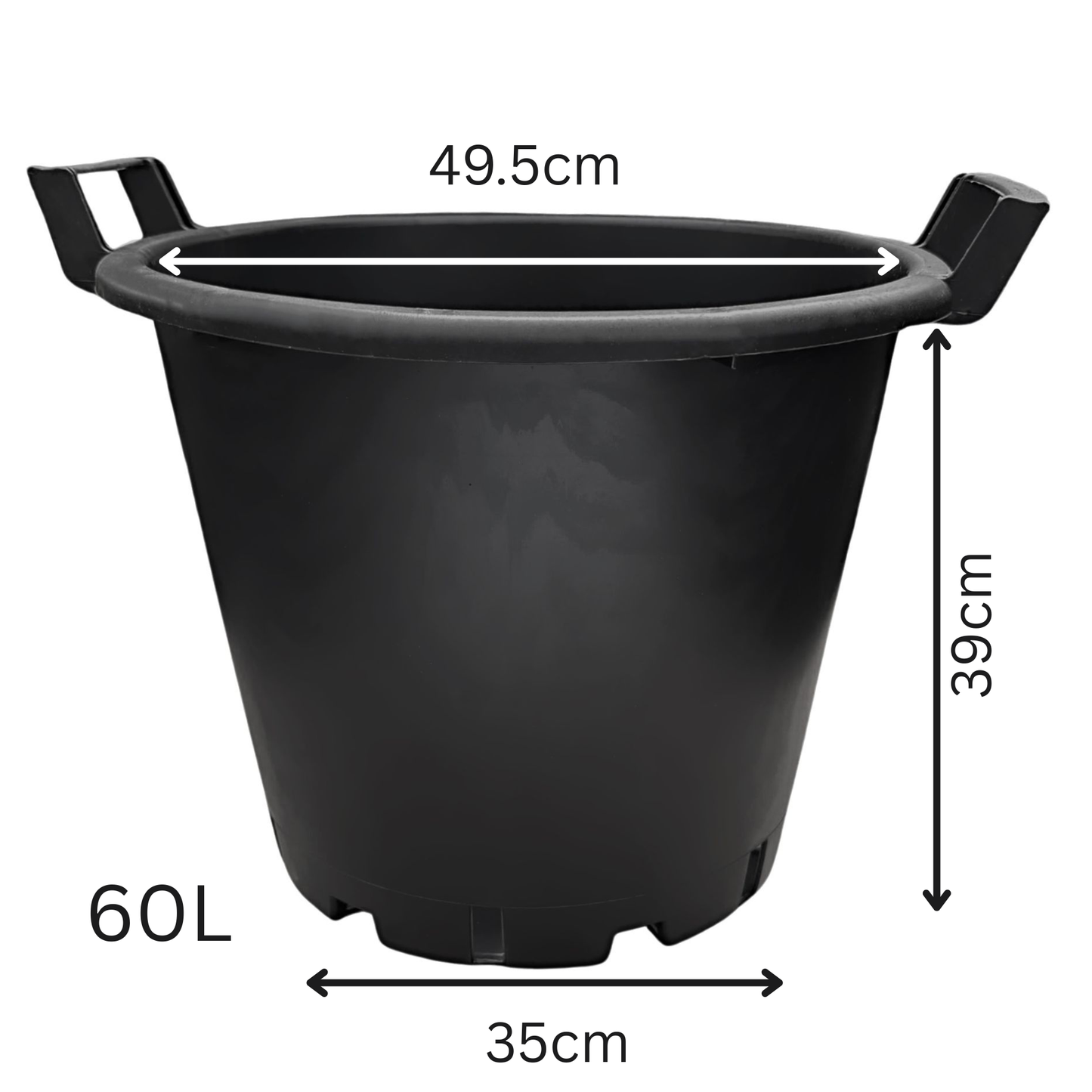 60 litre heavy duty black plant pot with carry handles, showing full dimensions including 49.5cm rim width, 35cm base and 39cm height, ideal for large plants, shrubs and fruit trees.