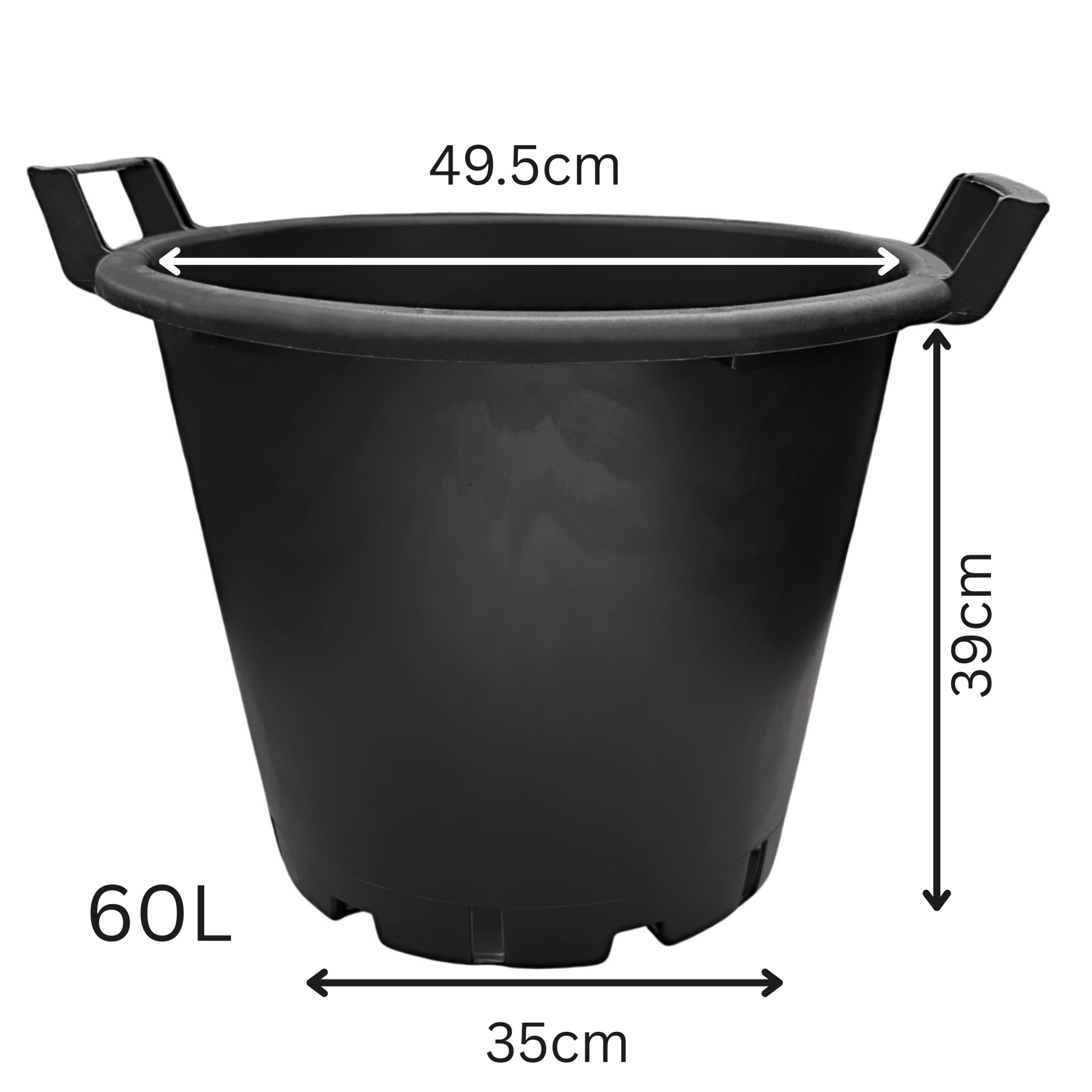 60 litre heavy duty black plant pot with carry handles, showing full dimensions including 49.5cm rim width, 35cm base and 39cm height, ideal for large plants, shrubs and fruit trees.