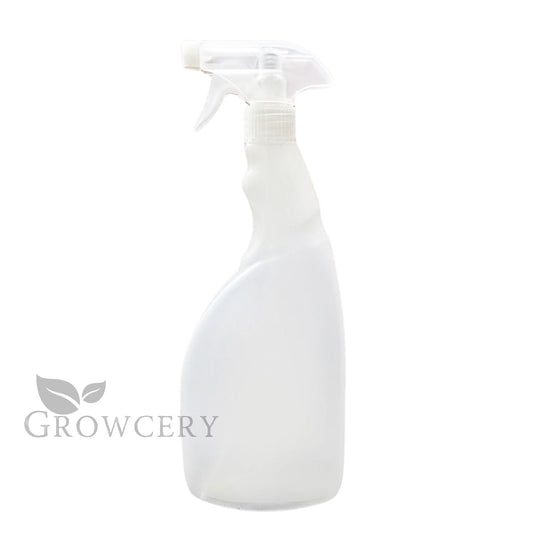 Clear 750 ml plastic plant sprayer bottle with ergonomic grip on white background