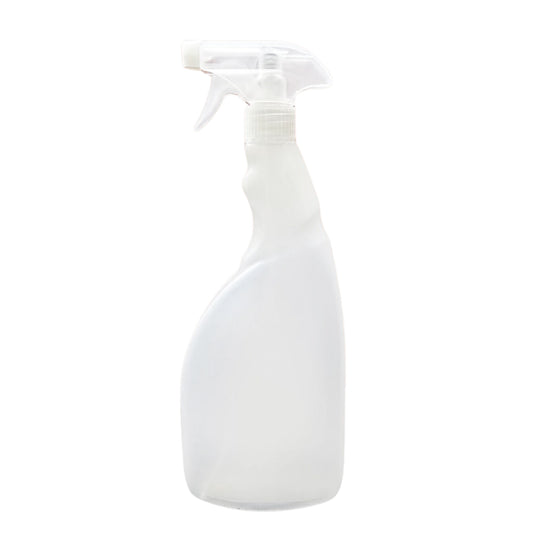 Clear 750 ml plastic plant sprayer bottle with ergonomic grip on white background