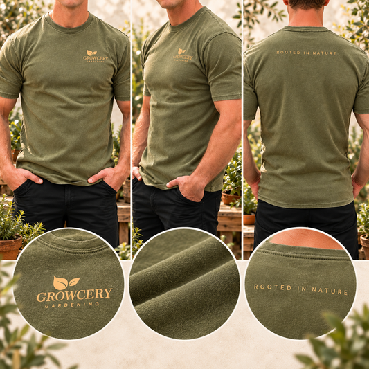 Growcery Gardening Rooted in Nature T-Shirt in olive green, showcasing front and back designs for gardening t-shirt enthusiasts.