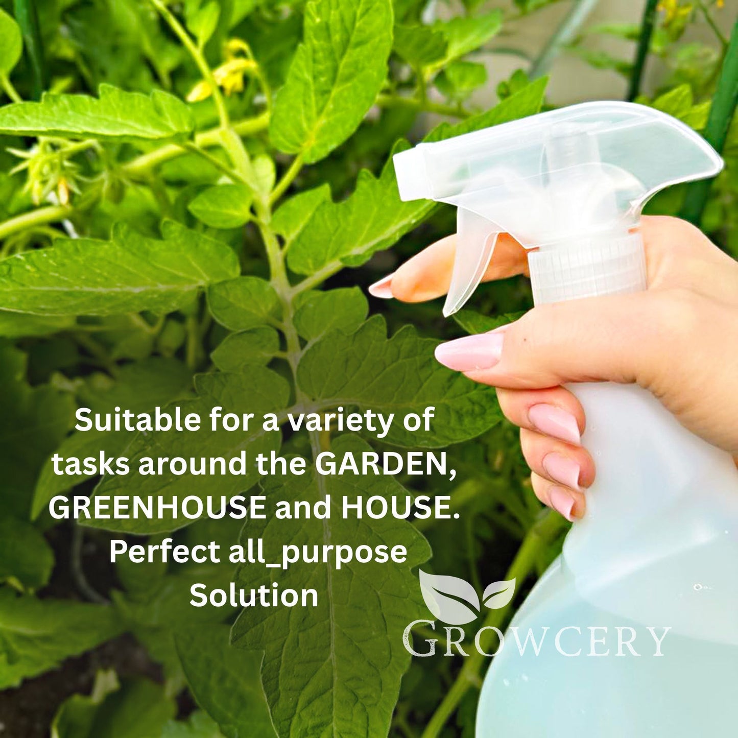 Woman’s hand spraying greenery with clear 750 ml plant mister; text overlay “Suitable for a variety of tasks around the garden, greenhouse and house