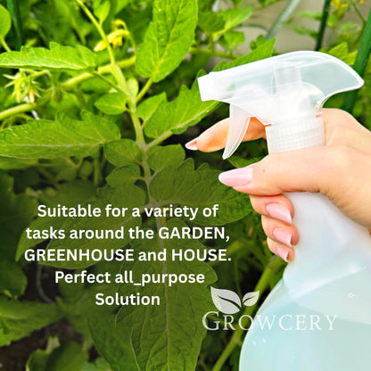 Woman’s hand spraying greenery with clear 750 ml plant mister; text overlay “Suitable for a variety of tasks around the garden, greenhouse and house