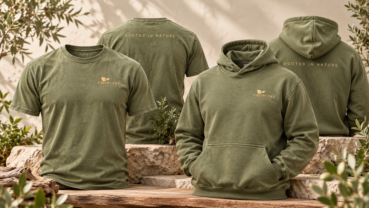 Gardening T-Shirt – Rooted in Nature Olive Green in relaxed fit and unisex style, showcasing front and back designs.