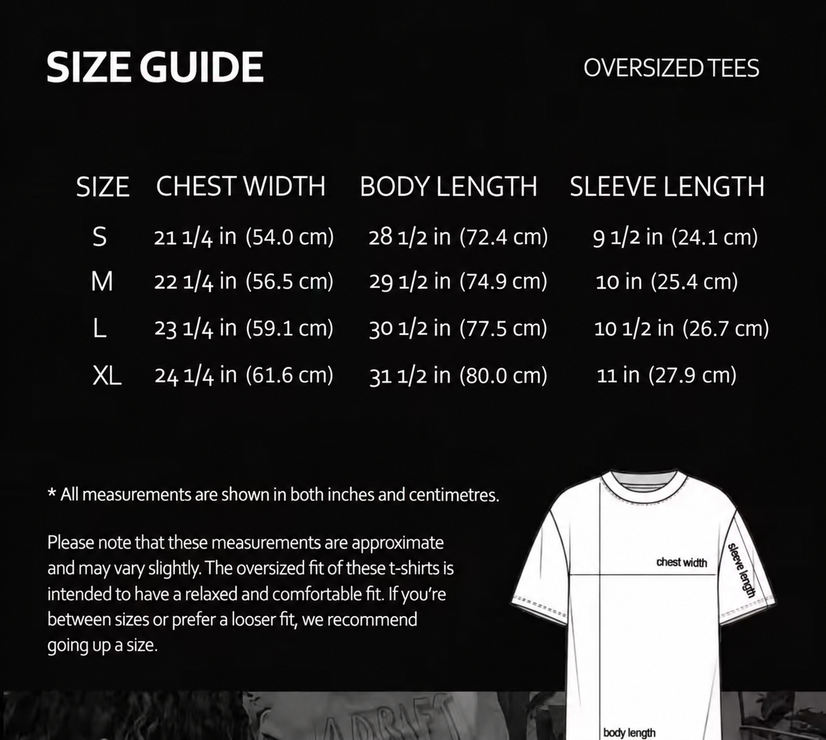 Gardening t-shirt size guide for oversized tees, including measurements for S, M, L, and XL sizes.