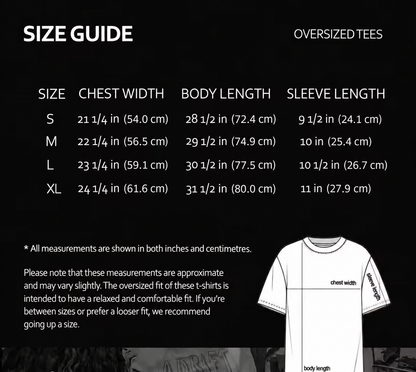 Gardening t-shirt size guide for oversized tees, including measurements for S, M, L, and XL sizes.
