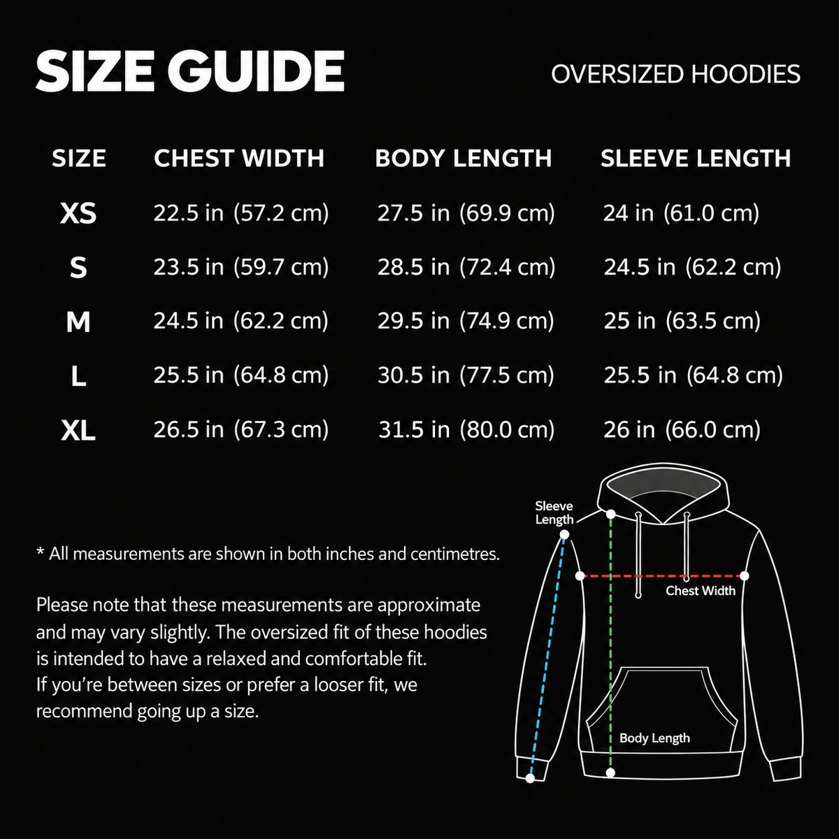 Size guide for oversized gardening hoodies, detailing measurements for XS to XL sizes.