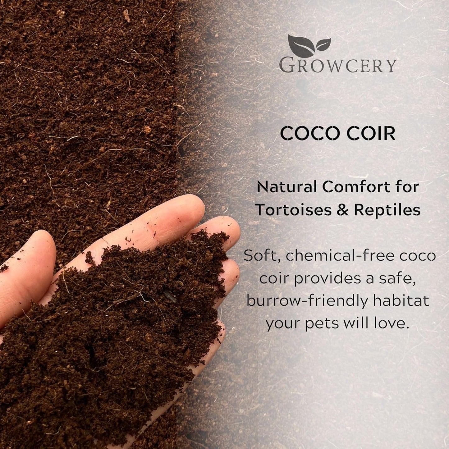 Hand holding soft coco coir reptile substrate, showing its fine texture suitable for tortoises and reptile enclosures.