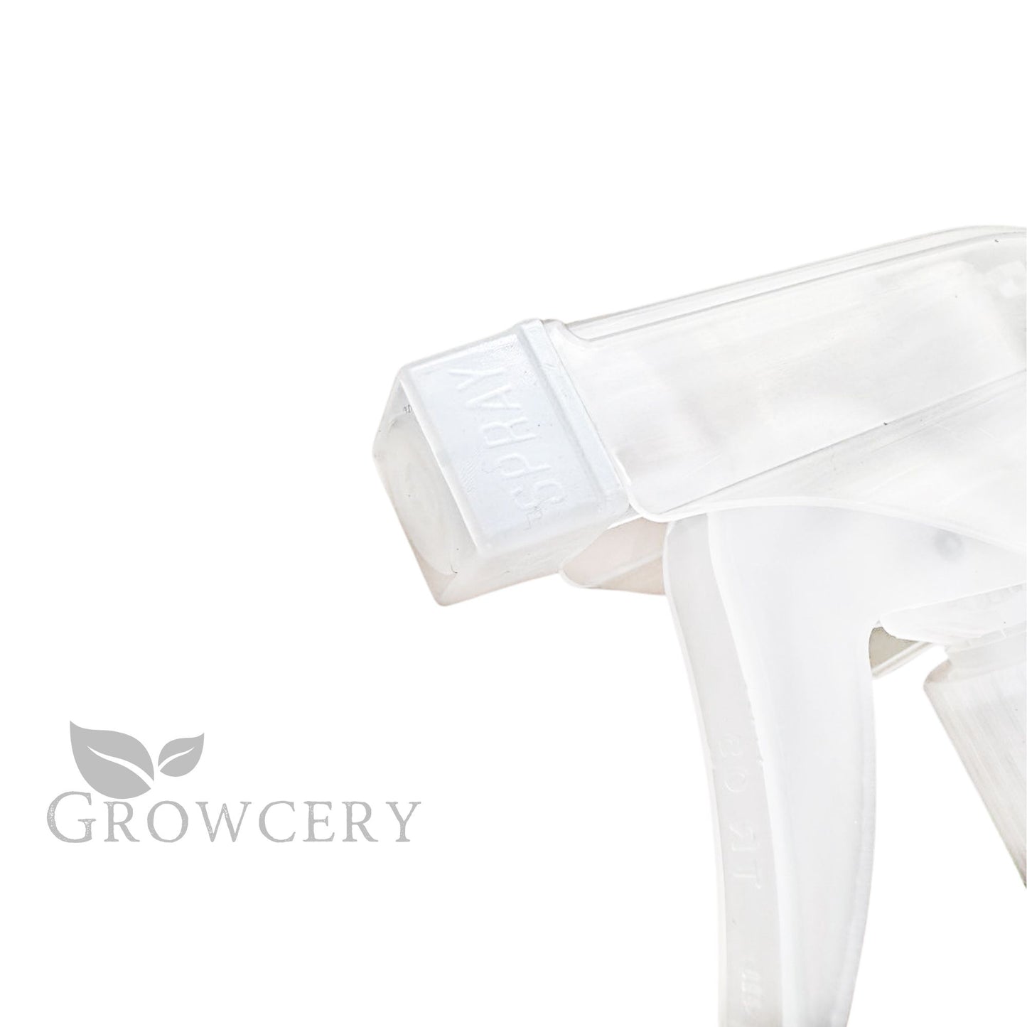 Side angle close-up of ergonomic trigger and neck of a clear 750 ml spray bottle