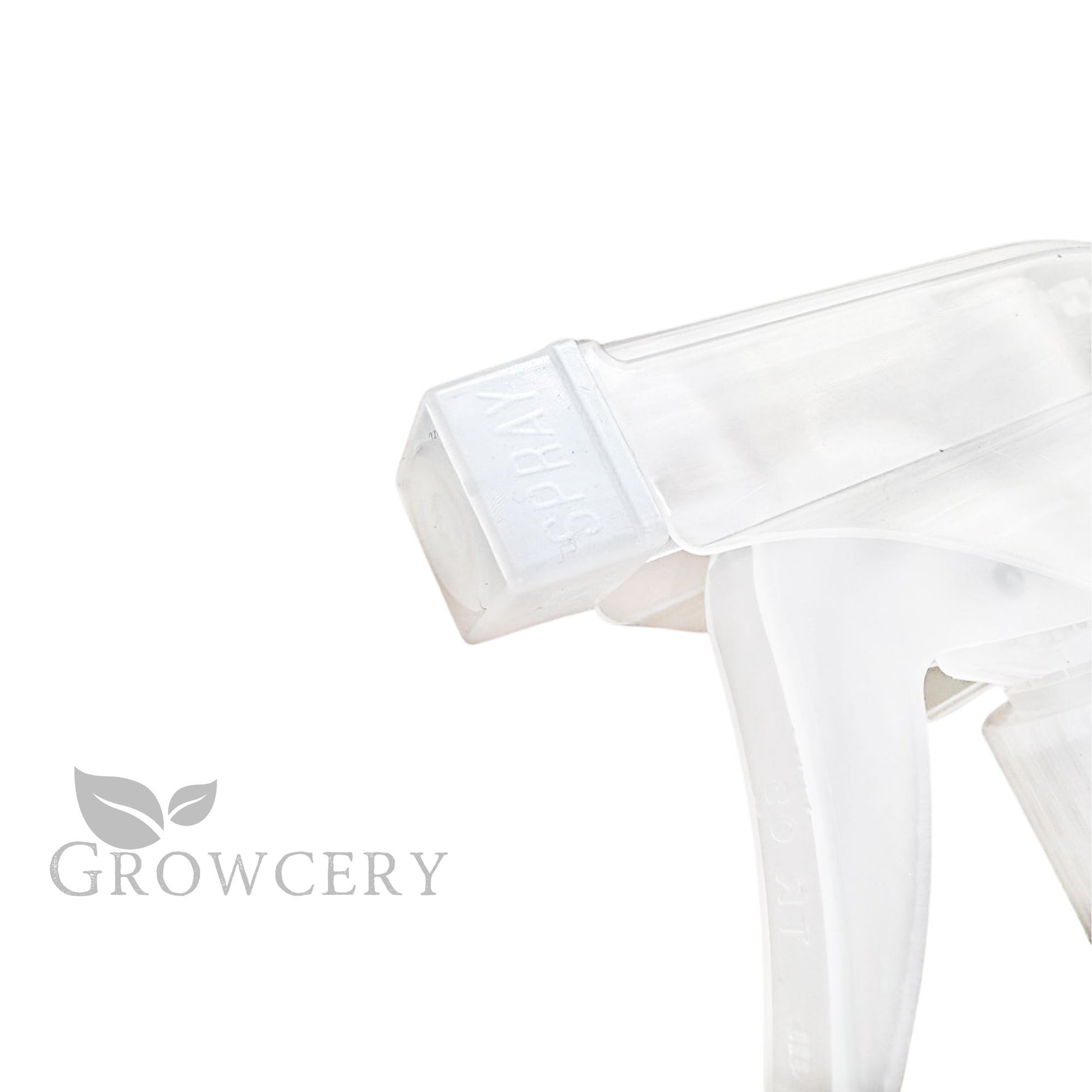 Side angle close-up of ergonomic trigger and neck of a clear 750 ml spray bottle
