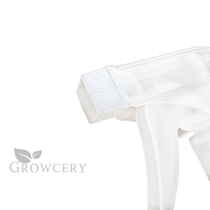 Side angle close-up of ergonomic trigger and neck of a clear 750 ml spray bottle