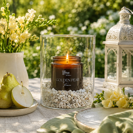 Garden Candle with Hurricane Glass Vase - Golden Pear and Freesia  with decorative stones, styled as an outdoor candle for garden table decor.