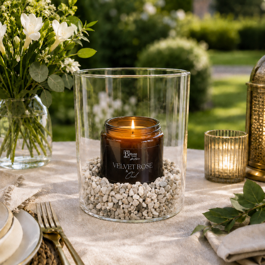 Garden Candle with Hurricane Glass Vase - Velvet Rose and Oud with decorative stones, styled as an outdoor candle for garden table decor.