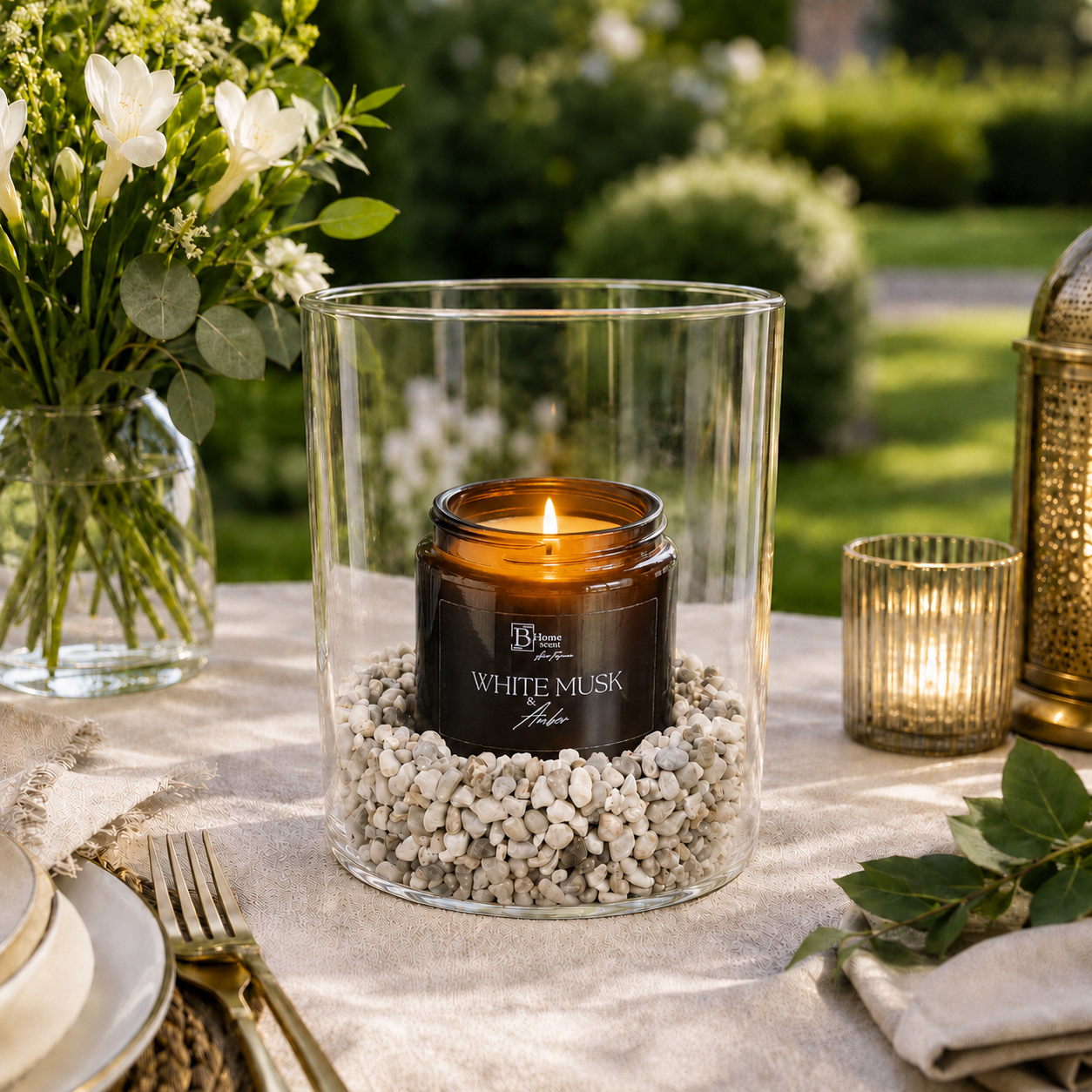garden candle in hurricane glass vase with decorative stones, styled as an outdoor candle for garden table decor.
