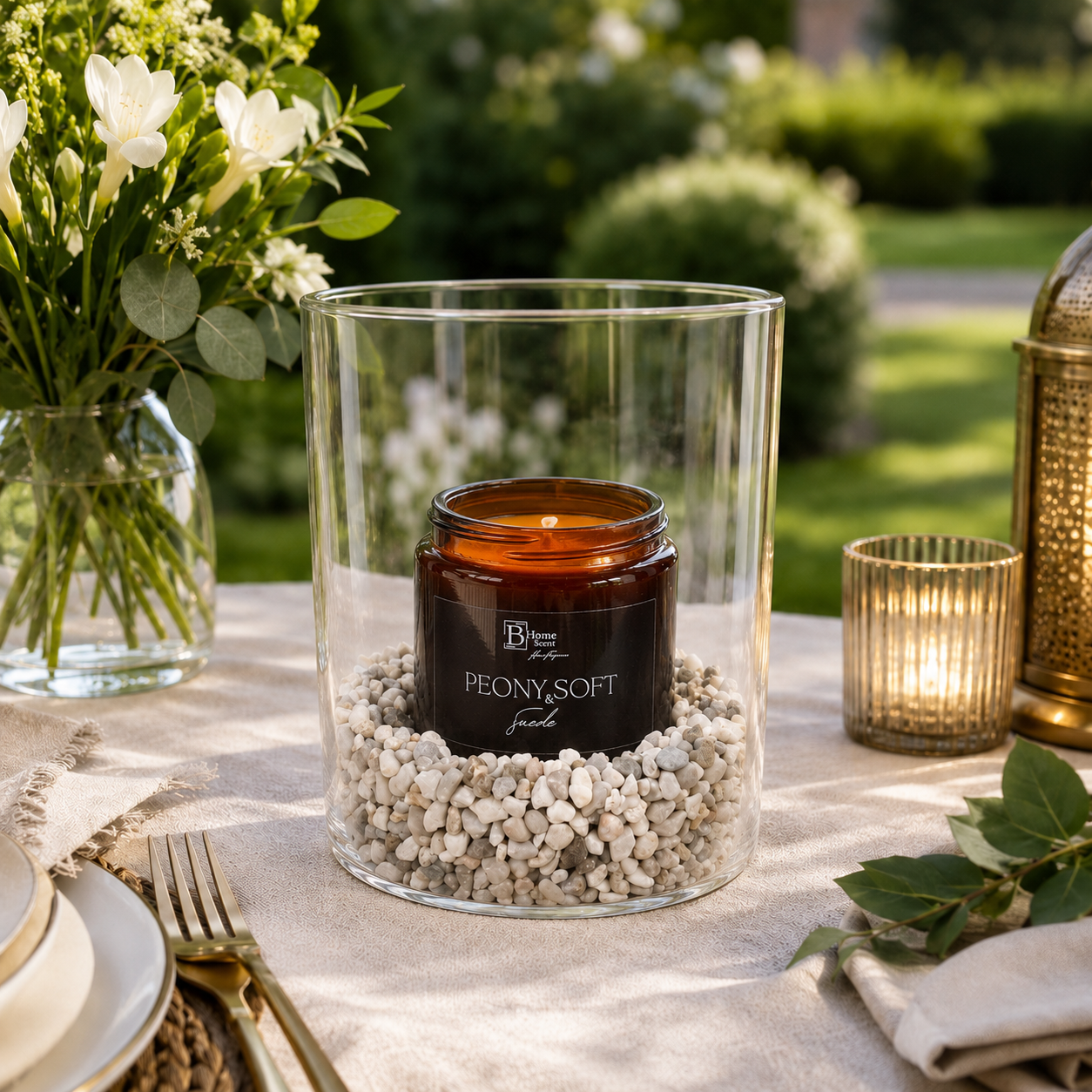 Garden Candle with Hurricane Glass Vase – Peony and Soft Suede  with decorative stones, styled for outdoor garden table decor.