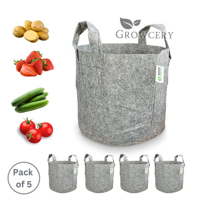 Growcery Fabric Grow Bags – Sold in Pack of 5 for Growing Tomatoes, Potatoes, Strawberries, and Cucumbers