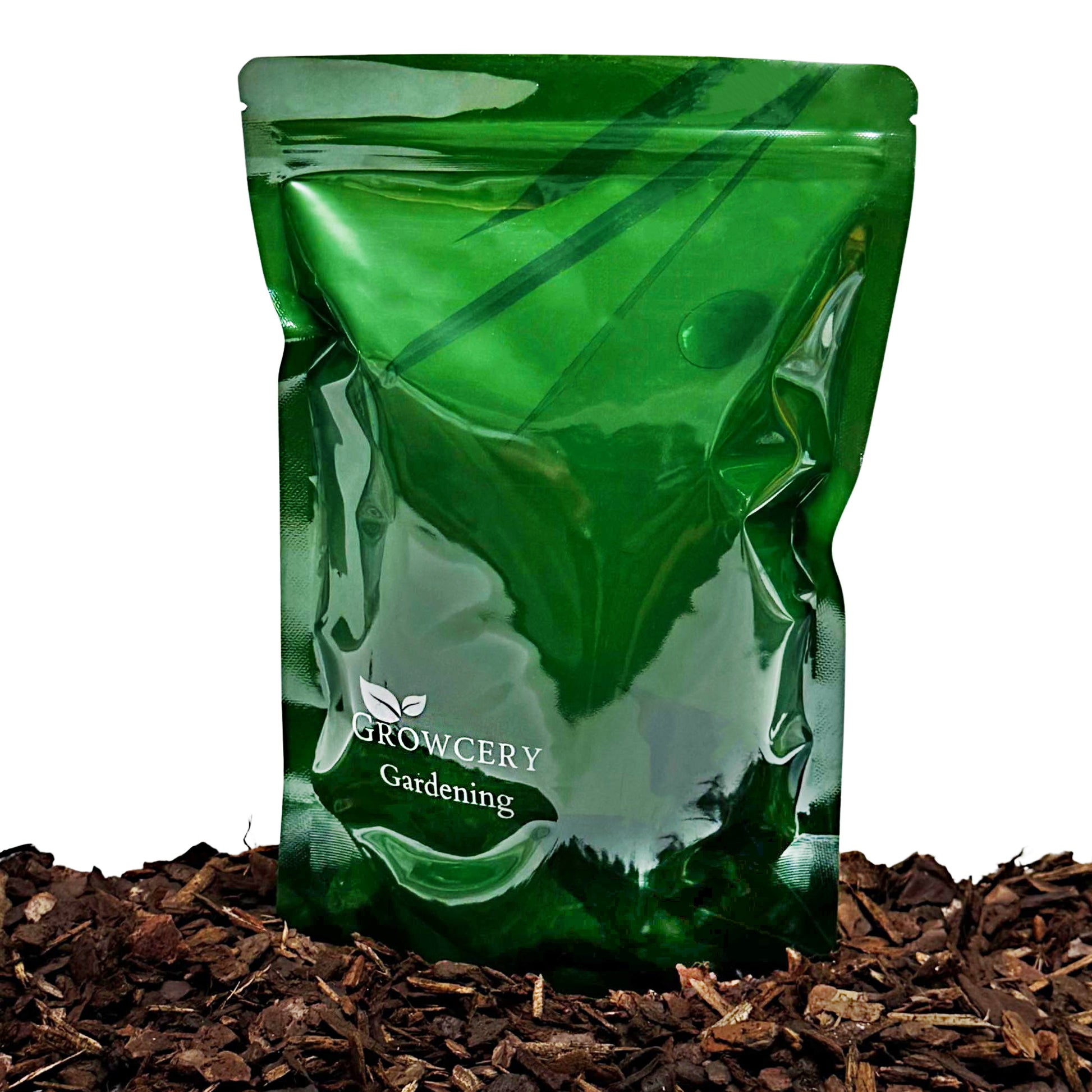 Green Growcery Gardening stand-up pouch displayed on a bed of bark chips against a white background.