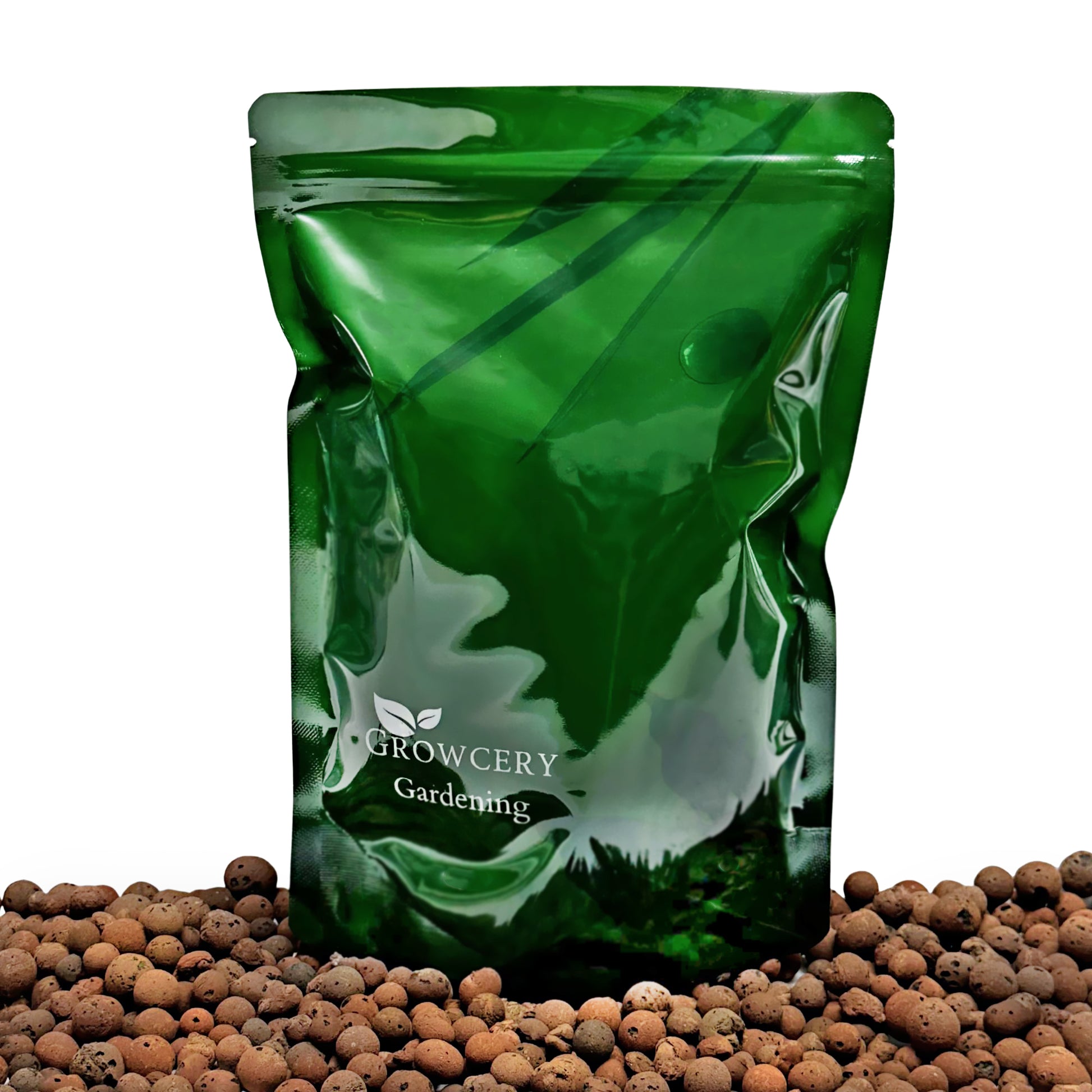 Green Growcery Gardening stand-up pouch displayed on a bed of clay pebbles against a white background.